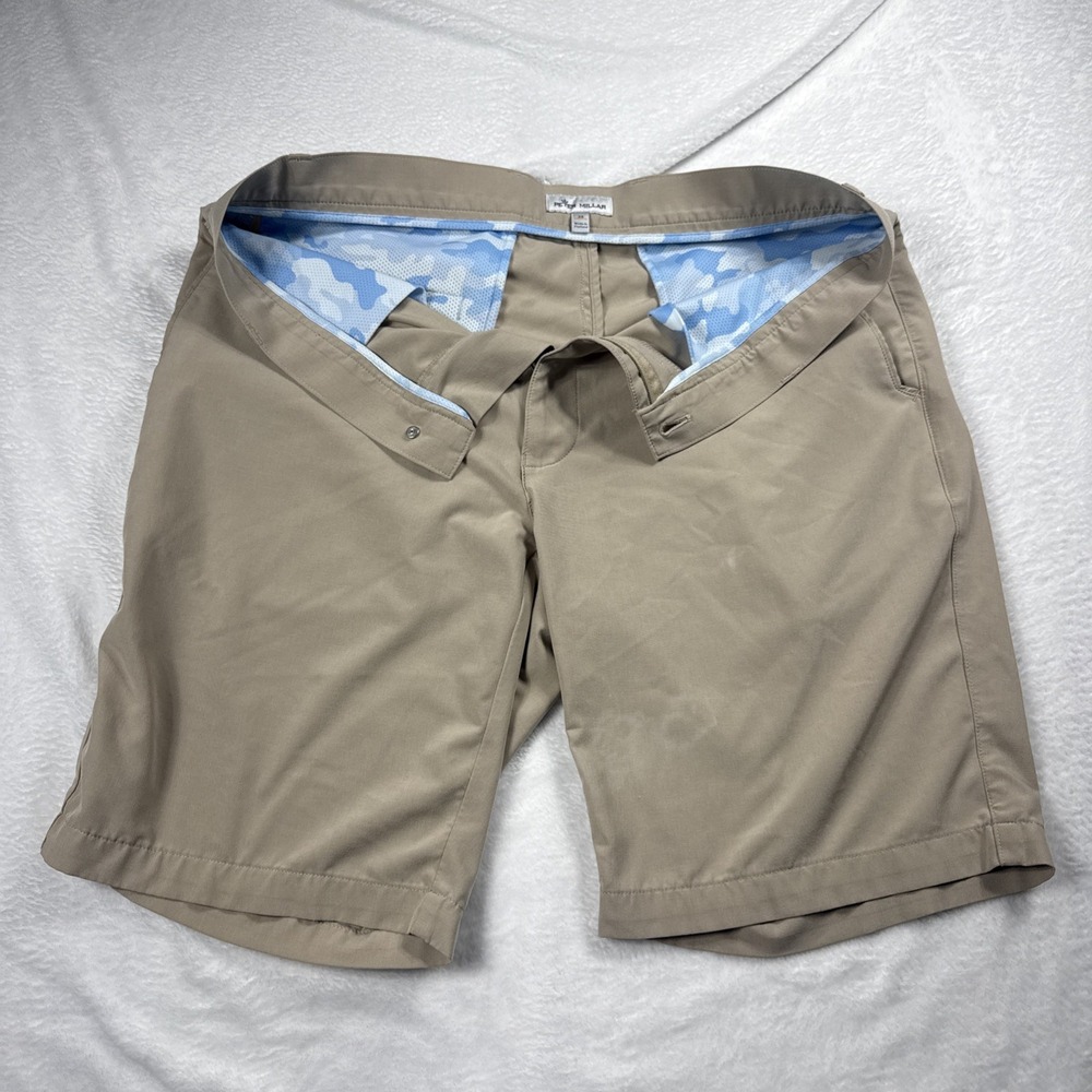 Peter Millar 35x9” Mens Performance Golf Shorts Stone Beige Flat Front Comfy GUC